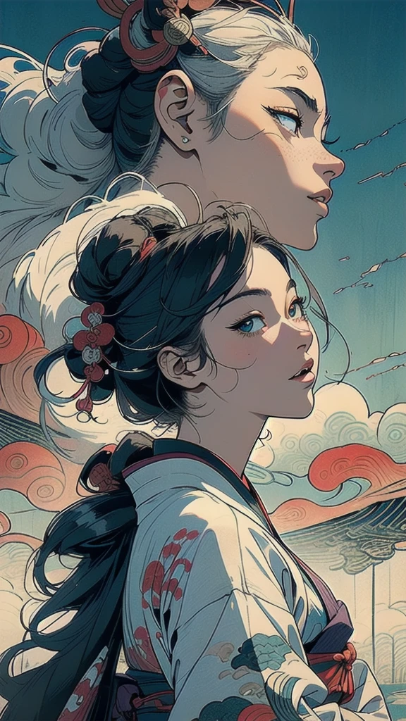 (((masterpiece, highest quality))),,(((solo:1.2))),(((1girl:1.2))),32k wallpaper, very detailed, poster, vintage science fiction,(((((portfolio))))),(((((Close-up))))),(((((bust up))))),((((more various angle)))),((((highlight)))),((((heterochromia)))),(((complete. detailed face))),(((detailed unlimited complete equipment : rail gun))),(((((Absolutely Realistic Clouds background))))),(((Texture for people : halftone))),((Open your mouth wide)),(((Wind God and Thunder God))),(((Ukiyo-e))),