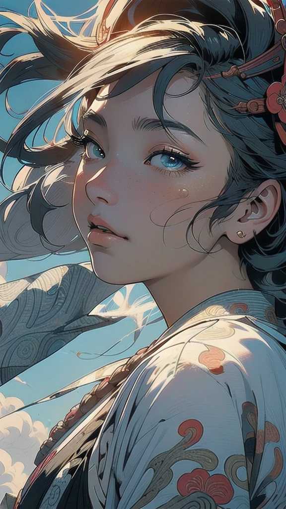(((masterpiece, highest quality))),,(((solo:1.2))),(((1girl:1.2))),32k wallpaper, very detailed, poster, vintage science fiction,(((((portfolio))))),(((((Close-up))))),(((((bust up))))),((((more various angle)))),((((highlight)))),((((heterochromia)))),(((complete. detailed face))),(((detailed unlimited complete equipment : rail gun))),(((((Absolutely Realistic Clouds background))))),(((Texture for people : halftone))),((Open your mouth wide)),(((Wind God and Thunder God))),(((Ukiyo-e))),
