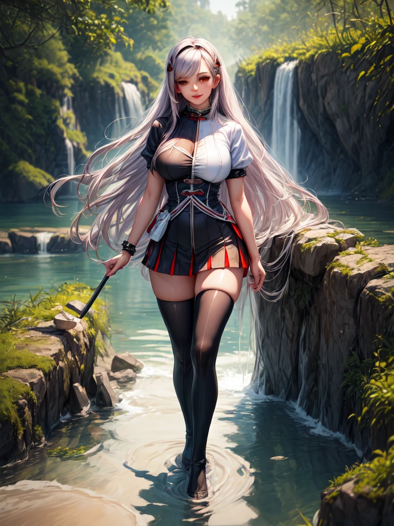 (high details, high quality:1.1), (ultra realistic, HDR:1.1), (lonely:1.1),(eyeliner,long lashes, mascara:1.1), Black_lilith, yellow eyes, asymmetrical legwear, asymmetrical clothes,river, flowing water, tranquil surroundings, natural beauty, (blurry background:1.2),(large breast:1.1),fighting stance ,full body,(solo:1.1),pale, short sleeves, thighhighs, long hair, 1girl,