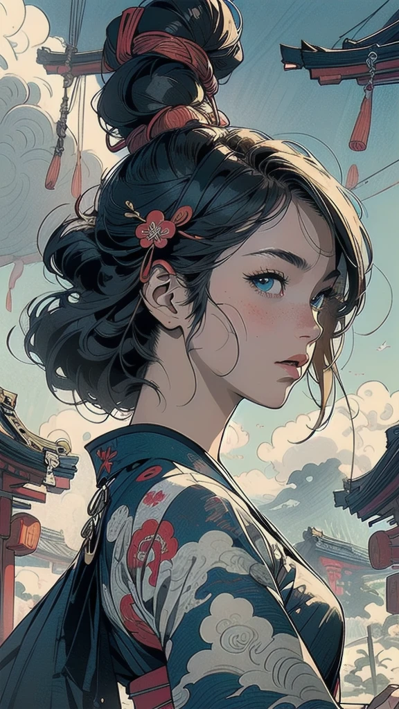 (((masterpiece, highest quality))),,(((solo:1.2))),(((1girl:1.2))),32k wallpaper, very detailed, poster, vintage science fiction,(((((portfolio))))),(((((Close-up))))),(((((bust up))))),((((more various angle)))),((((highlight)))),((((heterochromia)))),(((complete. detailed face))),(((detailed unlimited complete equipment : rail gun))),(((((Absolutely Realistic Clouds background))))),(((Texture for people : halftone))),((Open your mouth wide)),(((Wind God and Thunder God))),(((Ukiyo-e))),
