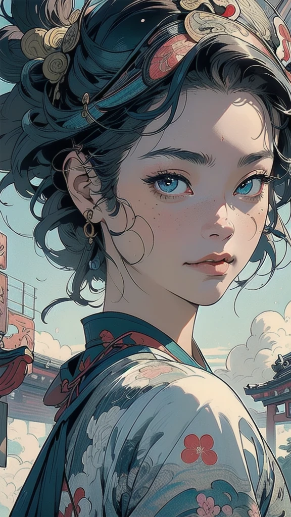 (((masterpiece, highest quality))),,(((solo:1.2))),(((1girl:1.2))),32k wallpaper, very detailed, poster, vintage science fiction,(((((portfolio))))),(((((Close-up))))),(((((bust up))))),((((more various angle)))),((((highlight)))),((((heterochromia)))),(((complete. detailed face))),(((detailed unlimited complete equipment : rail gun))),(((((Absolutely Realistic Clouds background))))),(((Texture for people : halftone))),((Open your mouth wide)),(((Wind God and Thunder God))),(((Ukiyo-e))),