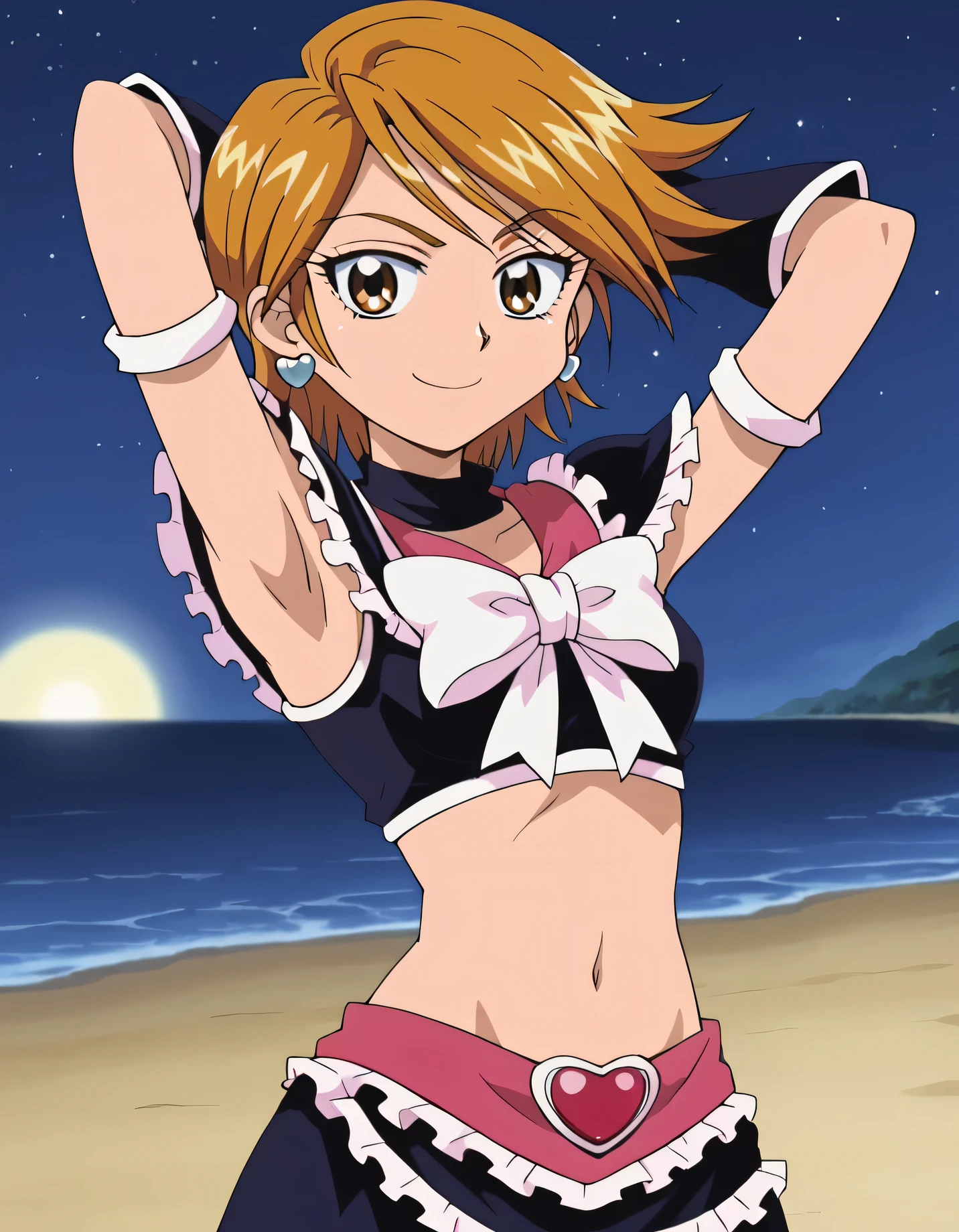 nagisa misumi, short hair, brown hair, brown eyes, 1girl, skirt, gloves, navel, jewelry, heart, earrings, detached sleeves, midriff, eyelashes, magical girl, cure black, shiny skin, solo, looking at viewer, smile, solo, contrapposto, spread armpit, arms behind head, smile, looking at viewer, (cowboy shot:1.5), closed mouth, night sky, beach, high quality, looking at viewer, suggestive smile, best quality,