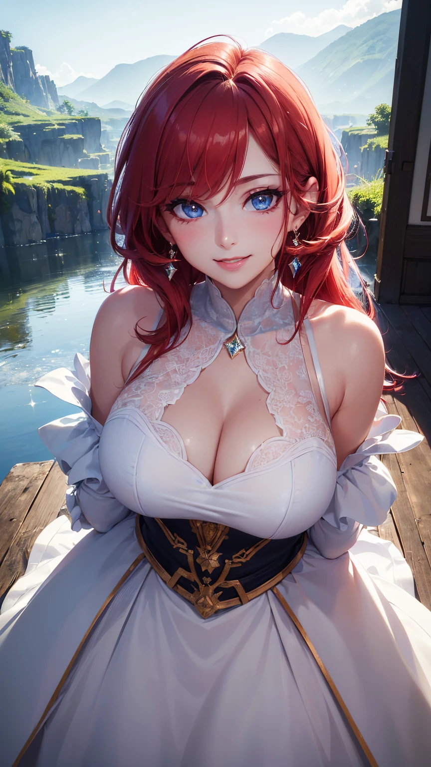  1 woman, (((((UHD))))), (((((masterpiece))))), ((((super detail)))), high details, ((((high quality)))), ((((best quality)))), (((highres))), ((((16k)))), ((Shadows)), ((bright red hair)), hair over shoulder, side swept bangs, (royal clothing), ((all white clothing pallet)), (colourful), heart-shaped pupils, one eye closed, sparkling eyes, ((big beautiful light blue eyes)), crystal earrings, grin, bright pupils, (evil smile), natural lips, light blush, cheek-to-cheek, sparkle, god rays, backlighting, reflection light, bloom, dutch angle, perspective, from above, from front,  ((perfect breasts)), ((defined jawline)), (Royalty), ((16:9 image), (landscape imagery)