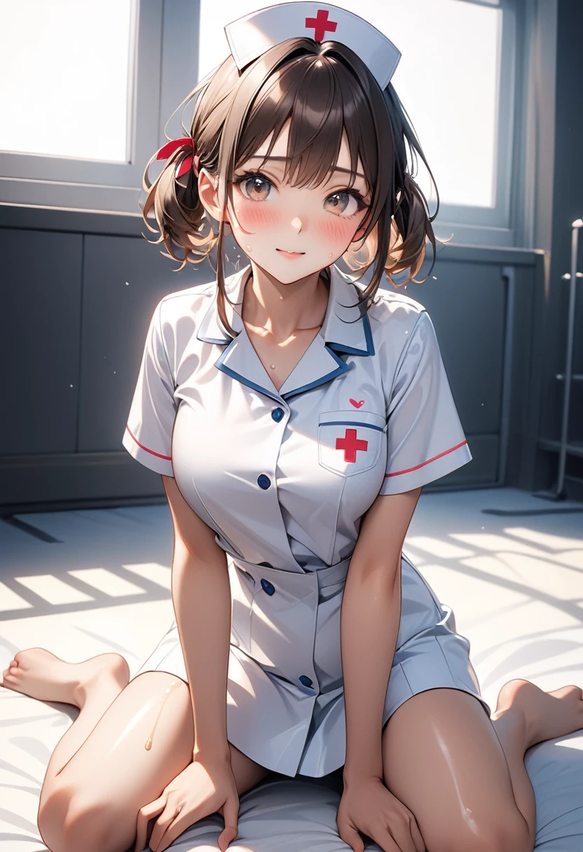 (((nurse uniform, skirt))), ((Shiny Costumes)), skindentation, skinny, solo, 1 woman, Masterpiece, highest quality, highest quality, 16K, incredibly absurd, highly detailed, 2.5D, ai-generated, delicate and dynamic, very delicate facial expressions, delicate eye depiction, erotic, only sexy woman, ((A cute and kind face)), healthy figure, ((25-year-old woman)), 160cm tall, medium firm swaying bust, , blush, Sweat,Embarrassed,sexy, ((thin thighs)), (camel toe:0.7), (visible nipples:0.3), (Erect nipples,:0.7), shiny and lustrous, facing straight at viewer, (((in heat))), ((Oily_skin)), ((Lots of sweat)), (((Brown Skin))), ((dutch angle)), ((erotic pose)), (((Collapsed from heat stroke))), ((reclining)),