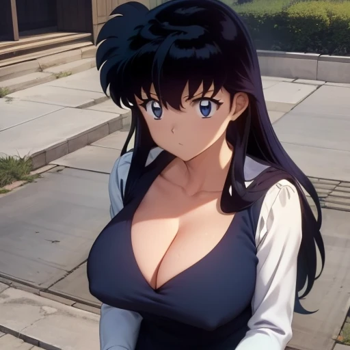 (masterpiece), best quality, very skinny, big breasts, deep cleavage, watching the camera, kagome higurashi, 1girlsolo,