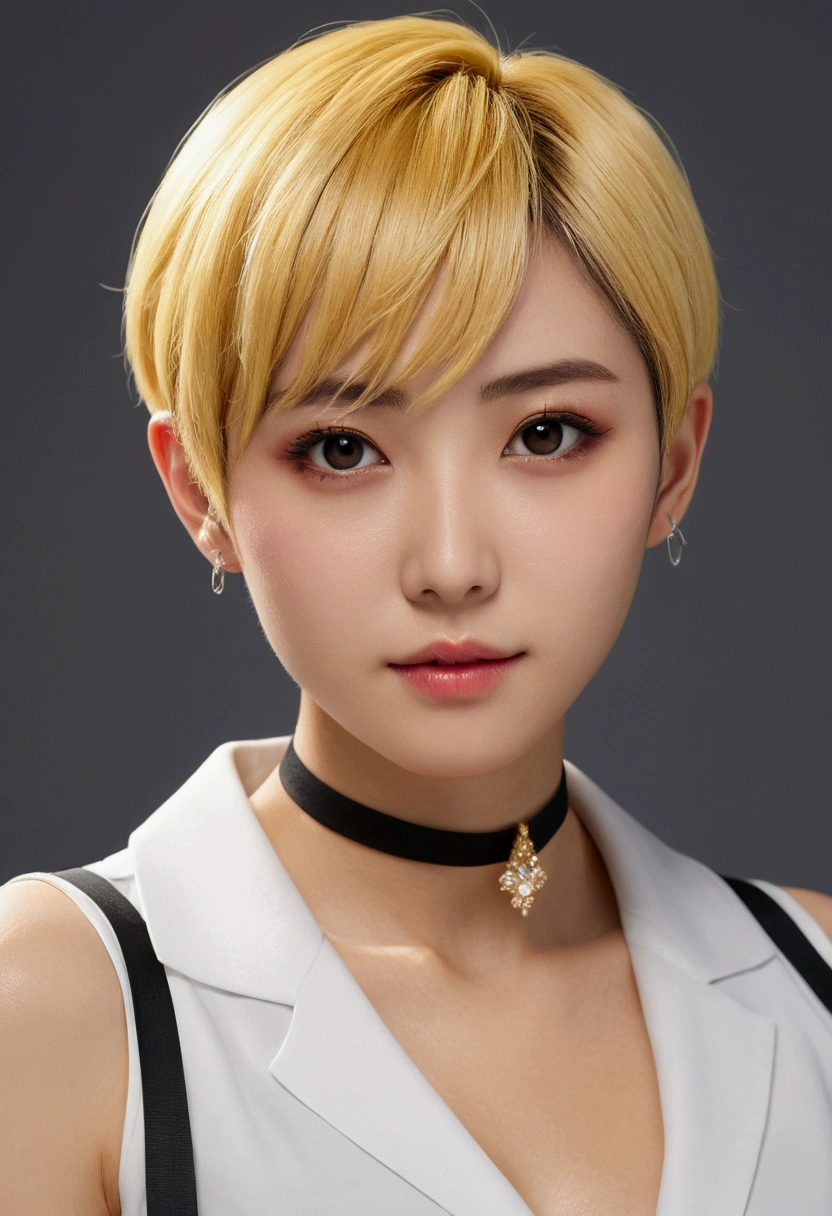 (Highest quality, High resolution, Realistic, to be born, 8k,masterpiece, ),(Audience friendly)、Shoot from the front、Highest quality, masterpiece8k.High resolution. High resolutionabsurdres:1.2, (office)、(Bright colors:1.2), (delicate), (Sensual)、Japanese、blonde、Pixie Cut、Black choker、uniform、OL