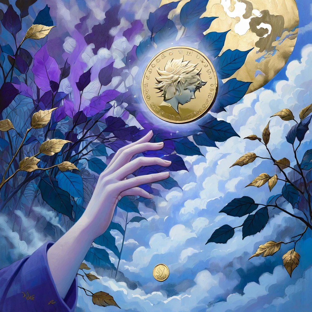 Over a leafy blue purple garden, ad a gesture hand with skin tone colour that emerges from a cloud carrying a close up of a gold coin with a W on it (art inspired by Dave Mckean, intricate details, oil painting)