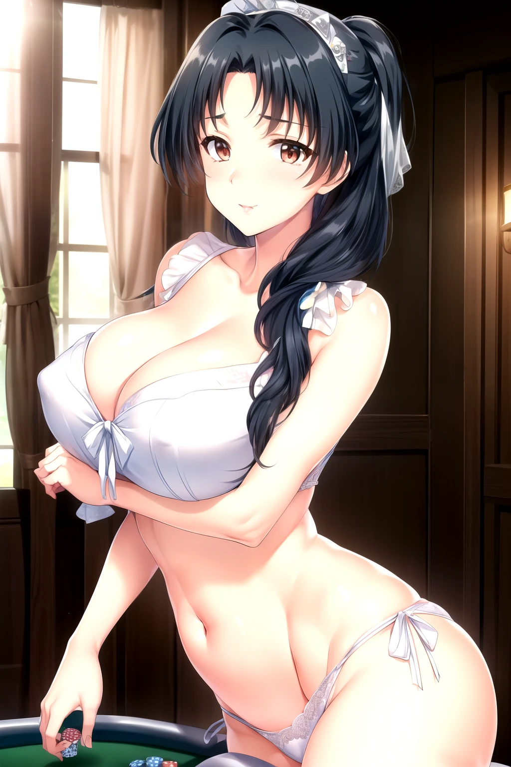white bra, white lace, white panty, bride, veil,Shoulder, clavicle, Black_hair,Brown_Eye,hair_Decorations,hairclip,Side Ponytail, Single Braid, Bangs, 1 girl, 20 years old,Mature female,beautiful Finger,beautiful long legs,beautiful body,beautiful Nose,beautiful character design, perfect Eye, perfect Face, Looking at the audience, (Innocent_Large target_Eye:1.0),(Poker face:1.3), National Foundation,Official Art,Extremely detailed CG unity 8k wallpaper, Perfect lighting,rich and colorful, bright_front_Face_light, (masterpiece:1.0),(the best_quality:1.0), 超high resolution,4K,Extremely detailed, photography, 8K, HDR, high resolution, absurd:1.2, Kodak Portra 400, Film Grain, Blurred background, Bokeh:1.2, lens flare, (Energetic_color:1.2) (beautiful,Large target_breast:1.4), (beautiful_Face:1.5),(narrow_waist),
