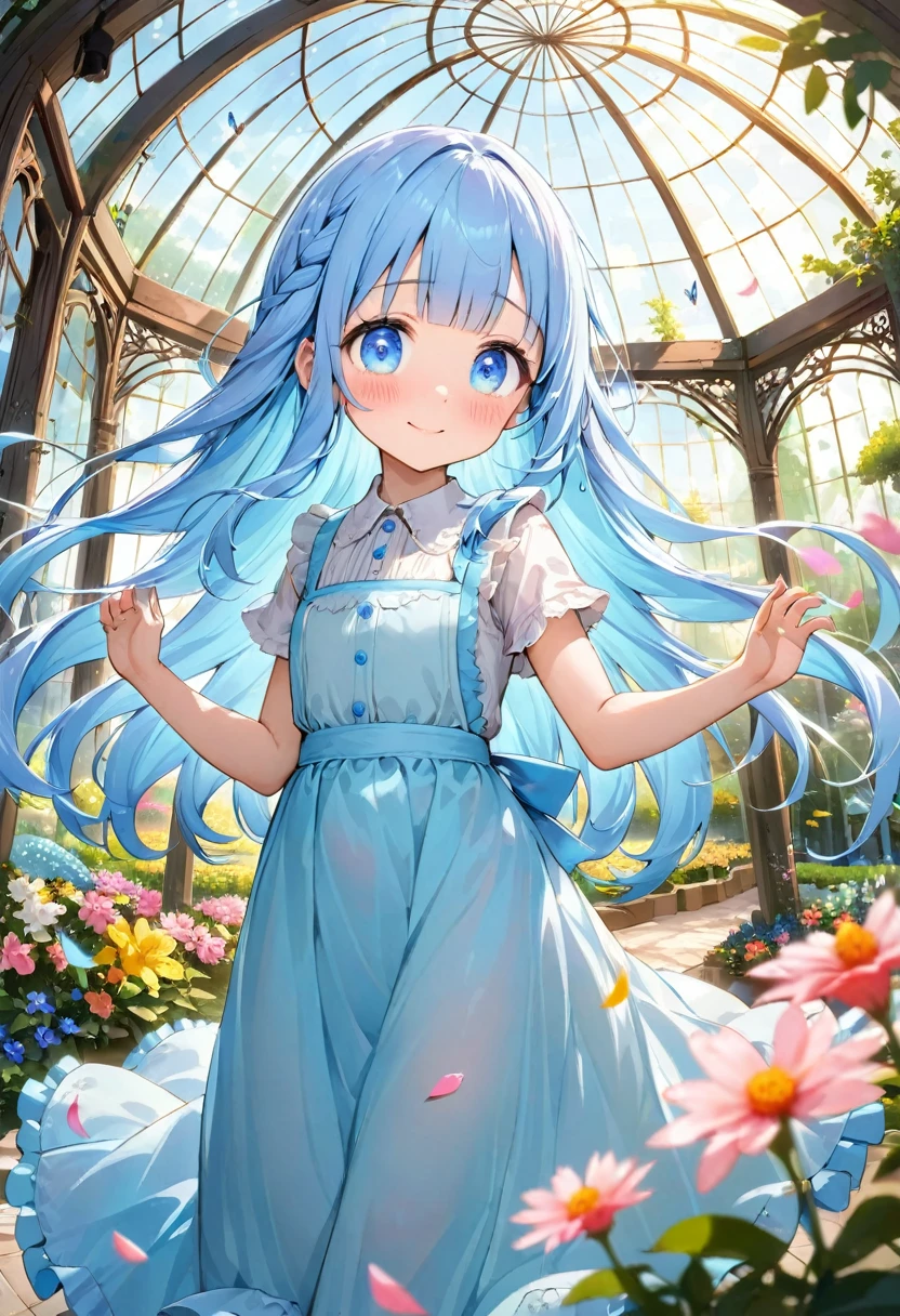 masterpiece, best quality, extremely detailed, (illustration, official art:1.1), 1 girl ,(((( light blue long hair)))), ,(((( light blue long hair)))),light blue hair, , long hair ((blush)) , cute face, masterpiece, best quality,(((((a very delicate and beautiful girl))))),Amazing,beautiful detailed eyes,blunt bangs((((little delicate girl)))),(((tareme))),droopy eyes.(true beautiful:1.2), sense of depth,dynamic angle,,,, affectionate smile, (true beautiful:1.2),,(tiny 1girl model:1.2),)(flat chest),、braided hair、apron dress、White blouse and long skirt、cinematic light、soft light、A botanical garden in a giant glass dome、squirt、gazebo、(lots of flowers)、A garden with dancing petals、butterfly々is flying、blur the background、
