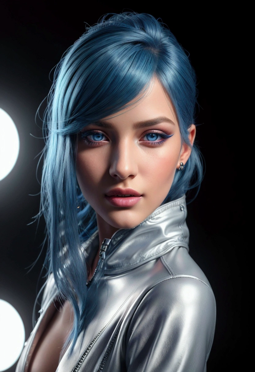 a beautiful young woman, 1.75m tall, with blue dyed hair, full body shot, standing in a TV studio set, wearing a silver jacket and white leather pants, athletic physique, (best quality,4k,8k,highres,masterpiece:1.2),ultra-detailed,(realistic,photorealistic,photo-realistic:1.37),intricate details,cinematic lighting,dramatic shadows,vibrant colors,highly detailed face, beautiful detailed eyes, beautiful detailed lips, extremely detailed eyes and face, long eyelashes, studio photography