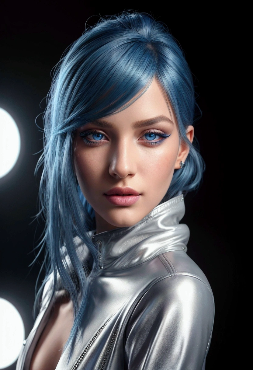 a beautiful young woman, 1.75m tall, with blue dyed hair, full body shot, standing in a TV studio set, wearing a silver jacket and white leather pants, athletic physique, (best quality,4k,8k,highres,masterpiece:1.2),ultra-detailed,(realistic,photorealistic,photo-realistic:1.37),intricate details,cinematic lighting,dramatic shadows,vibrant colors,highly detailed face, beautiful detailed eyes, beautiful detailed lips, extremely detailed eyes and face, long eyelashes, studio photography