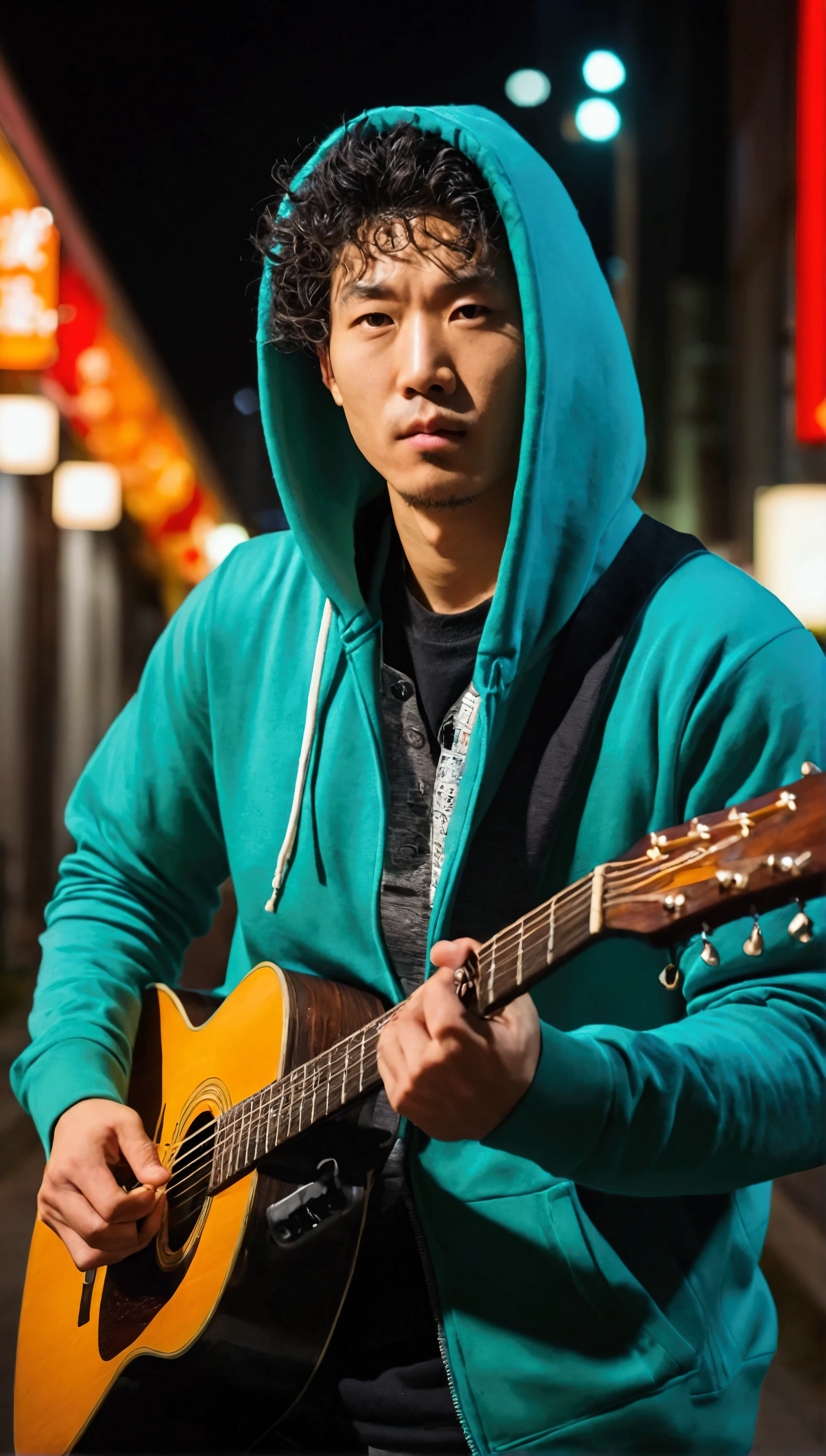 Realistic portrait in japan night streets, looking at the camera from the front, urban style, super detail masterpiece, pore detail :1.2, shot with sony a7 mark 4, handsome Chinese man 30 years old, thin man, (portrait: 0.5), candid man posing, wearing rap hoodie, oversized hoodie, youthful look, (curly hair), shot with sony 18mm lens, wide view, photography techniques used: rule of thirds, centering and symmetry, foreground interest and depth, (frame to frame), (spatial rules), (shot from below), he is playing guitar.