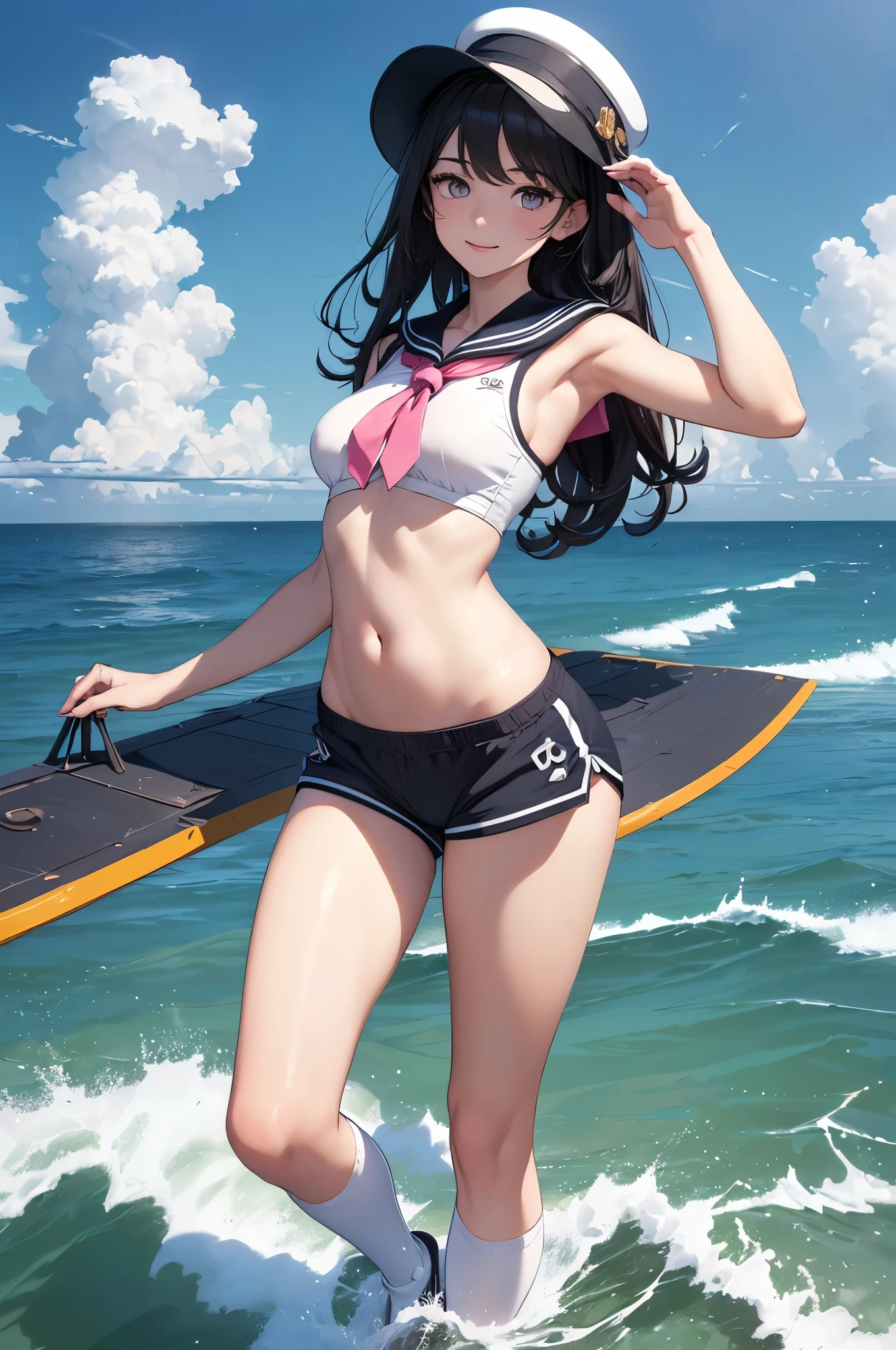 Cute girl in swimsuit,He wears a baseball cap and bra on his head