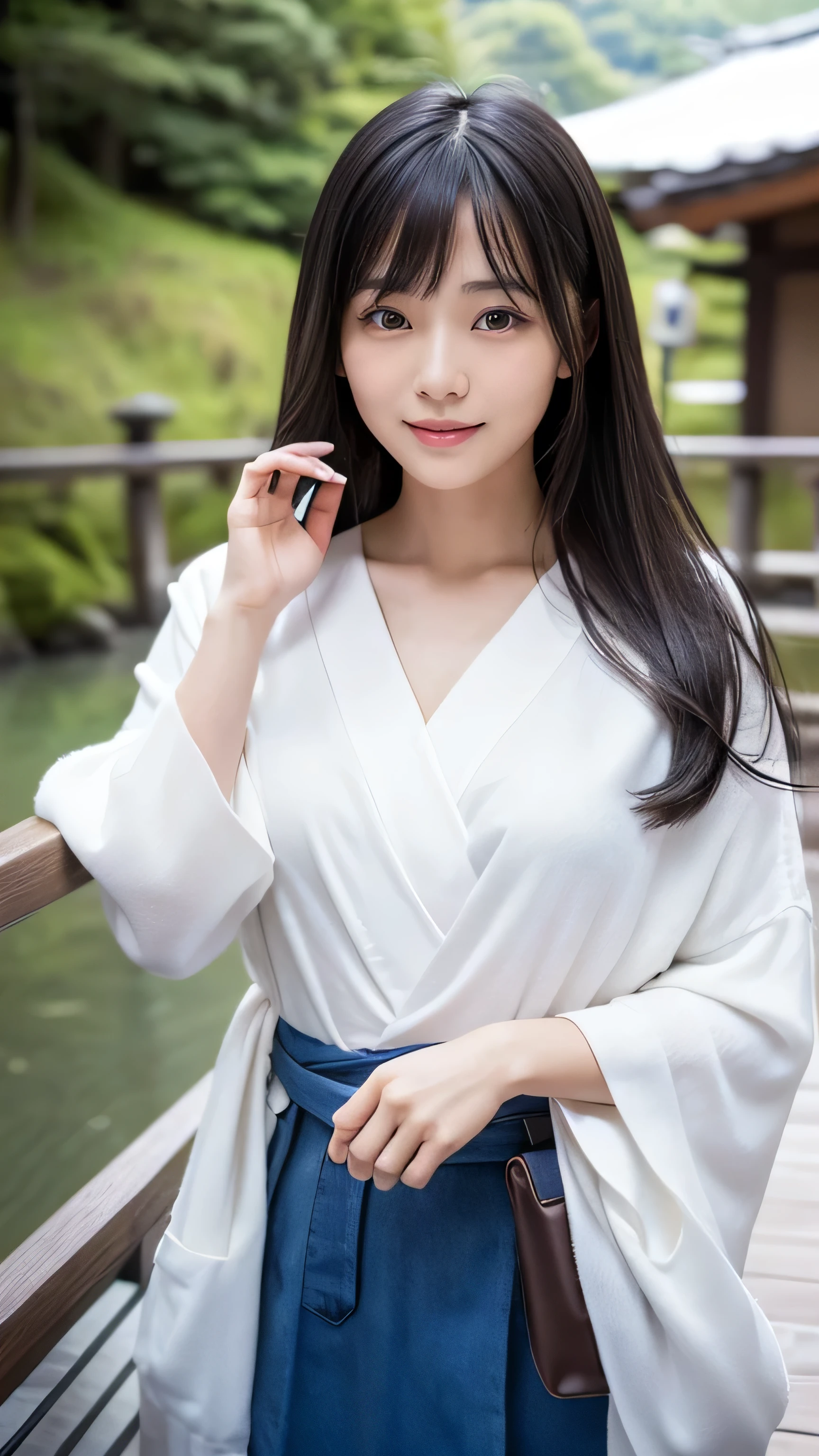 Create an ultra-realistic image of a 21-year-old Japanese woman named Kotone visiting Ginzan Onsen. She has extremely long, perfectly straight black hair that flows down to her waist, with blunt bangs that cover her forehead. Her eyes are large, enchanting, and have double eyelids with sparkling black pupils, giving them a captivating and youthful appearance. Her face is delicate and innocent, with very thin eyebrows that frame her large, childlike eyes. Kotone's skin is smooth and flawless, resembling snow in its pure white color. She has a slender and well-proportioned body with a shapely bust size of 95 cm, a height of 158 cm, a weight of 43 kg, an ideal waist size of 58.46 cm, and an ideal hip size of 86.73 cm. Her complexion is flawless, without any wrinkles, and her natural makeup enhances her features subtly, maintaining a fresh and youthful look. She embodies a perfect balance of youthful charm and mature elegance, with a cute and innocent smile that adds warmth and affection to her appearance.
Kotone should be depicted standing on a bridge overlooking the charming hot spring town of Ginzan Onsen, with its traditional ryokan buildings lining the river. She is wearing a yukata, adding a touch of traditional elegance to her visit.