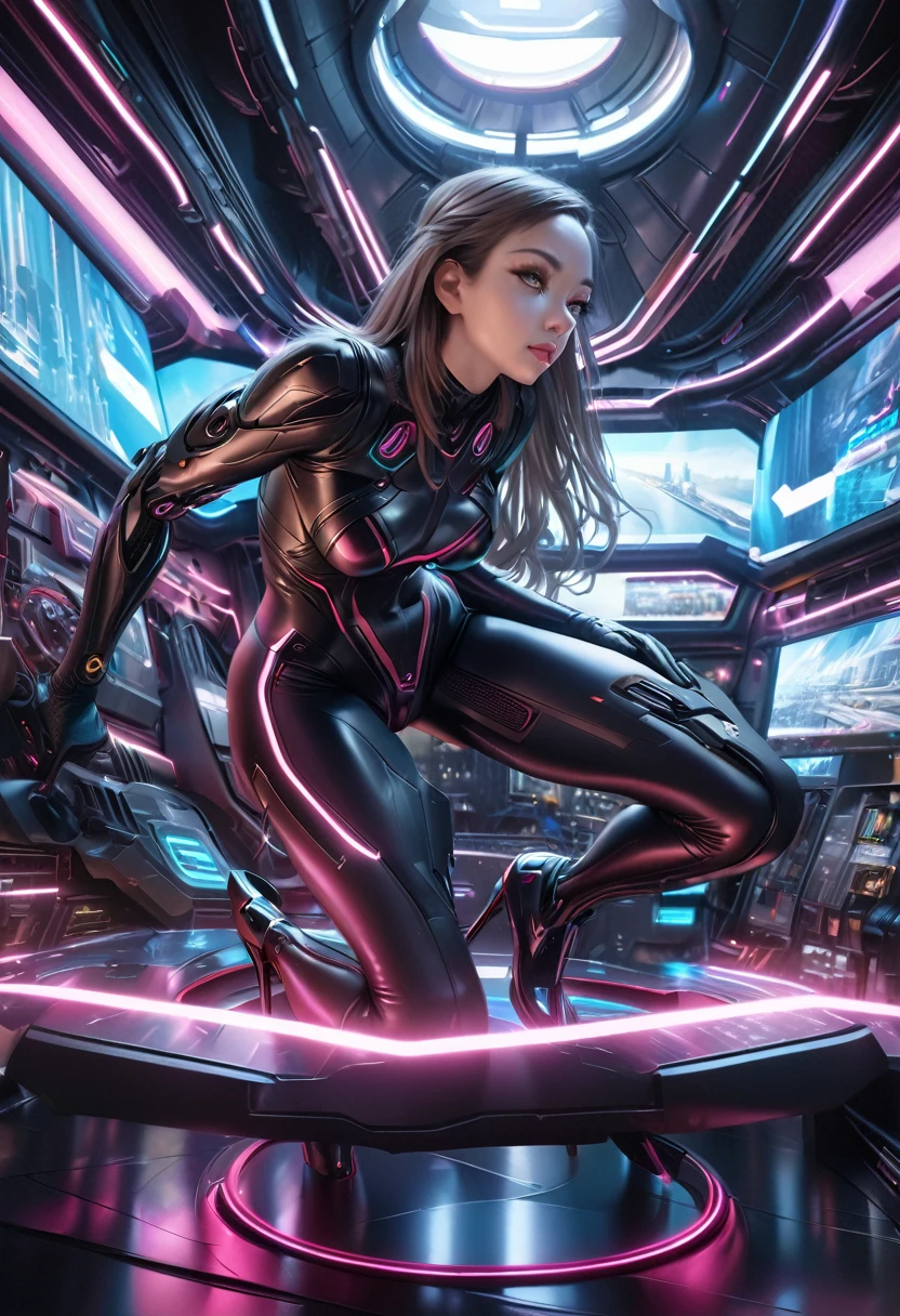 A beautiful young girl with a robotic body, wearing a skin-tight suit, high heels, and gloves, set in a futuristic sci-fi environment, (best quality,4k,8k,highres,masterpiece:1.2),ultra-detailed,(realistic,photorealistic,photo-realistic:1.37),highly detailed face, beautiful detailed eyes, beautiful detailed lips, extremely detailed eyes and face, long eyelashes, futuristic cyberpunk, intricate mechanical parts, glowing neon lights, dynamic motion, cinematic lighting, vibrant colors, dramatic shadows, advanced technology, intricate details
