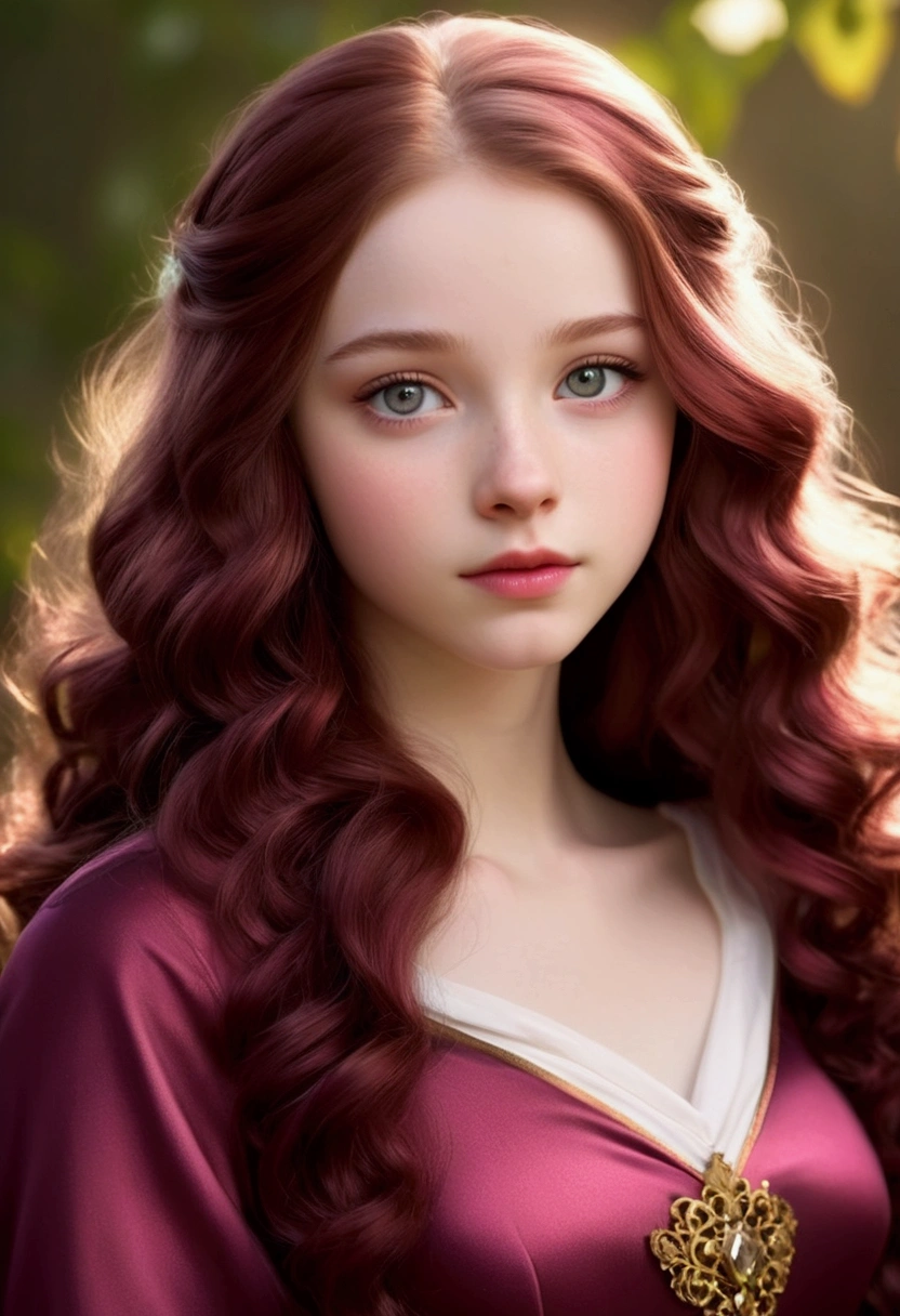 An 18 years old European girl with pale skin and long, wavy burgundy hair. large and burgundy eyes , with an adorable, and innocent face. She should have a happy expression, wearing a pink, gold, and rose gold colored princess knight outfit, with an elegant and regal theme, something that emphasizes her sweet and compassionate personality. Overall, her appearance would be striking, attracting curious looks. small chested, slender, petit, cinematic lighting, chromatic aberration, backlighting, masterpiece, high details, high quality, 4K.