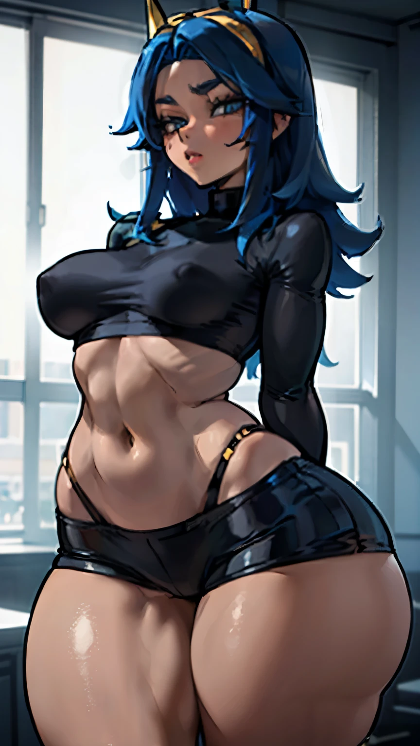 a woman with blue hair and golden eyes, She wears a black crop top and tight black shorts, possui breasts small e coxas enormes, linda, the cutest girl, (Extremely wide hips 5.5), (breasts small.), (masterpiece), (thick thighs 1.6), thick pelvis, big-ass, model body