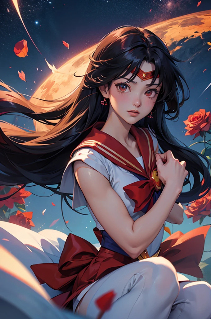 Official Art, unity 8k wallpaper, Very detailedな,Red roses are beautiful yet fleeting、((Mars))beautiful, masterpiece, Highest quality,blue flower , Flower Ecstasy, Very detailed, Long black hair、Dynamic Angle, ((Sailor Mars)), (())The most beautiful form of chaos, ((Sailor Mars)).elegant, Brutalist Design, Vibrant colors, Romanticism, James Jean, Robbie Dawi Anton, Ross Tran, Francis Bacon, It was very cold, Adrianne&#39;genius, Petra Cortright, Gerhard Richter, takato yamamoto, Ashley Wood, Atmospheric