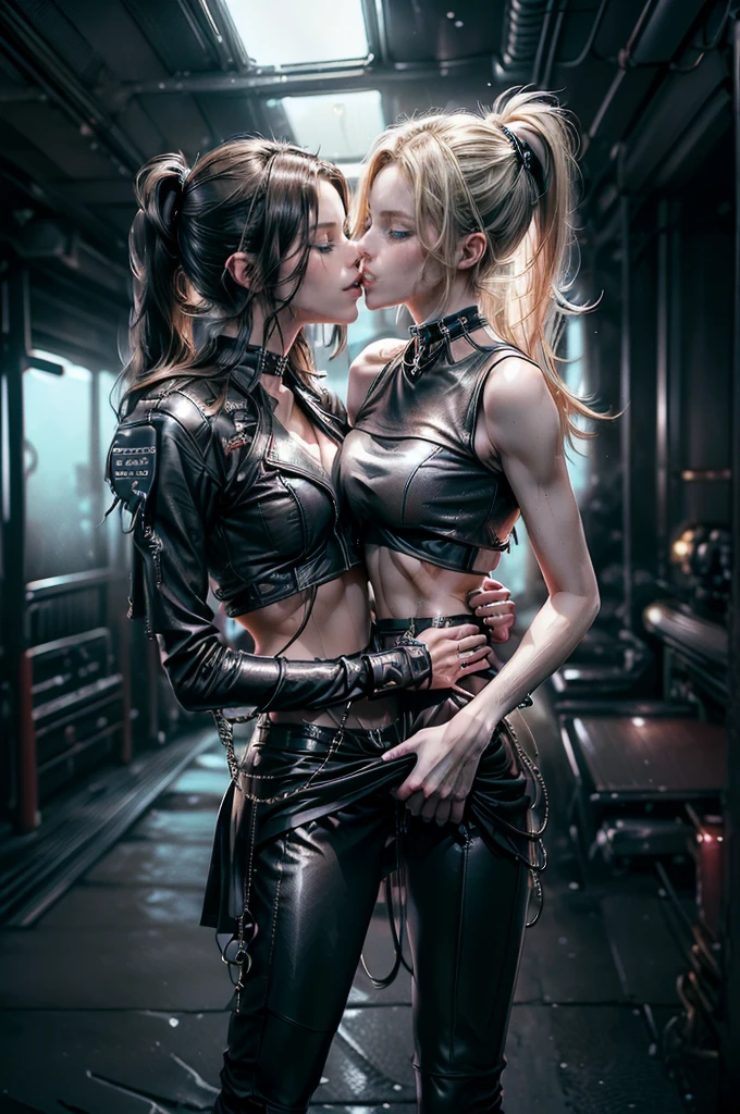 (Detailed illustrations, Very detailed and detailed drawing, Delicate lines with slow and rapid, Realistic texture expression), Two women with long blond hair, ponytail, (((passionate kissing))), kiss, (((eyes closed))), (((closed eyes))), erotic, (((one girl is touching the other sensually and grabbing her crotch))), ((intimate)), ((hand in pants)), ((empty playground background with neon lights)), CyberpunkAI, punk, (((very skinny figure, very thin waist, very narrow hips, very slim legs, large breast, athletic body))), pale skin, (((ultra low rise shiny and ultra glossy leather pants or skirt))), ((navel piercing)), strong abs, ((black leather collars)), ((exposed thong)), small leather jacket, ((multiple studded belts and leather straps)), ((hip chains))