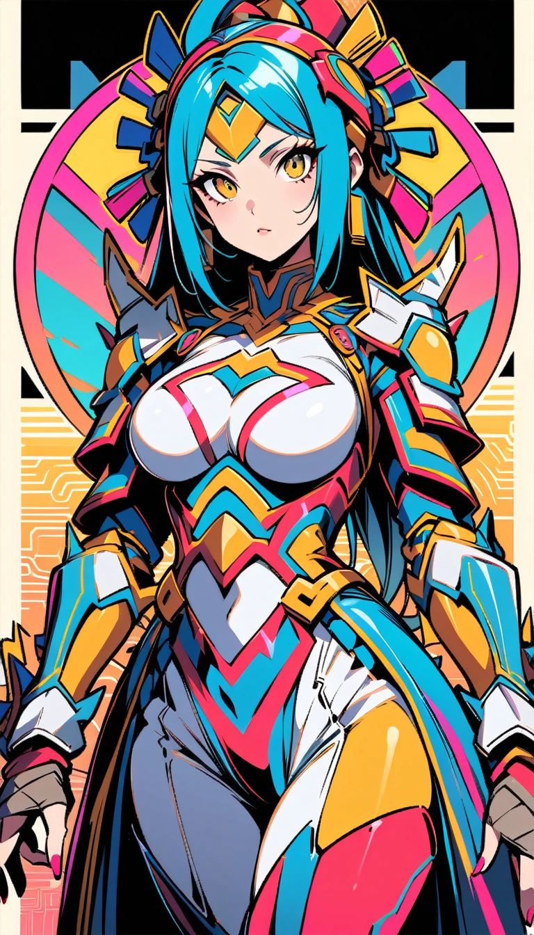 best quality, super fine, 16k, beautiful silver pony tail haired knight, wearing shiny plated alloy armor on her chest and lower abdomen, (diagram patterns painted in iridescent neon colors on the skin of the face and body), abs, holy sword, on the magic circle, background halation