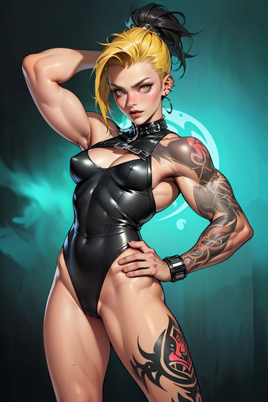 (high resolution, pixel perfect, gorgeous illustrations), (hyper quality, muste piece, etheric: 1.4), ((nsfw)), cowboy shot, face focus, ((1girl)), (boyish, cheeky girl), (((teenage girl))), (hairy_woman), (((punk))), hot Rocker punk girl, ((((sexy pose, open stance)))), cool atmosphere, yellow eyes, black hair, ((((punk_hair, very_short_hair, slicked_back_hair)))), (((piercing))), eyelid_piercing, nose_piercing, ((Exquisite face)), ((black_lips)), tattoo, ((((muscular_female)))), (ideal ratio body proportions, slender, small breasts), fighter, (((bitch))), ((highleg_leotard_armor see_through)), ((cameltoe)), shiny skin, gleaming skin, simple background,