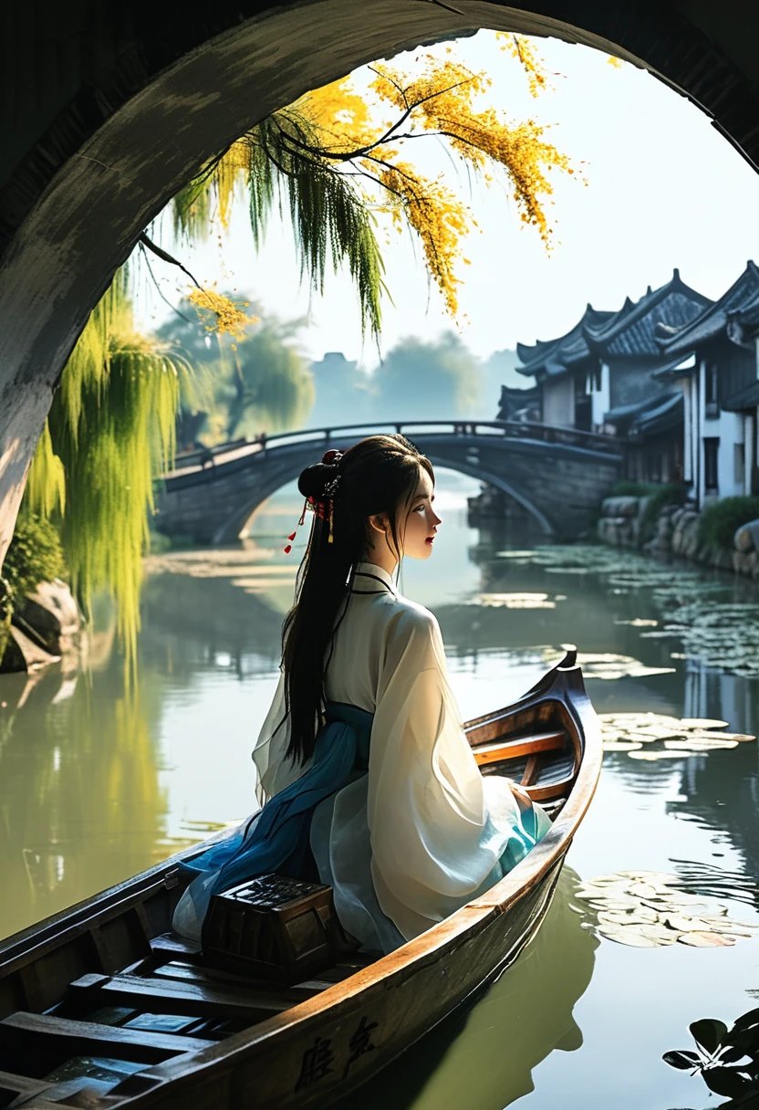 Minimalism平面插画,Jiangnan countryside in summer,Beautiful modern Wuzhen,Beautiful long-haired girl sitting in a boat,Wearing modern Hanfu,Behind is a crowded stone bridge,Super happy,joy,The skyline in the distance,A fusion of ancient and modern,Bustling tourist crowd,Full of poetry,Clean background,Dynamic,Hazy feeling,Layering,Has a stunning visual effect,Fascinating lighting,Bright and vivid colors,Chiaroscuro,Wu Guanzhong Style,Flat,Minimalism,high quality,High Detail,High Definition,masterpiece,masterpiece