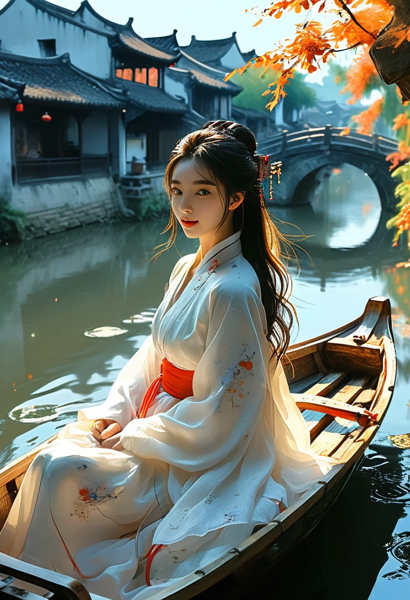 Minimalism平面插画，Jiangnan countryside in summer，Beautiful modern Wuzhen，Beautiful long-haired girl sitting in a boat，Wearing modern Hanfu，Behind is a crowded stone bridge，Super happy，joy，The skyline in the distance，A fusion of ancient and modern，Bustling tourist crowd，Full of poetry，Clean background，Dynamic，Hazy feeling，Layering，Has a stunning visual effect，Fascinating lighting，Bright and vivid colors，Chiaroscuro，Wu Guanzhong Style，Flat，Minimalism，high quality，High Detail，High Definition，masterpiece，masterpiece