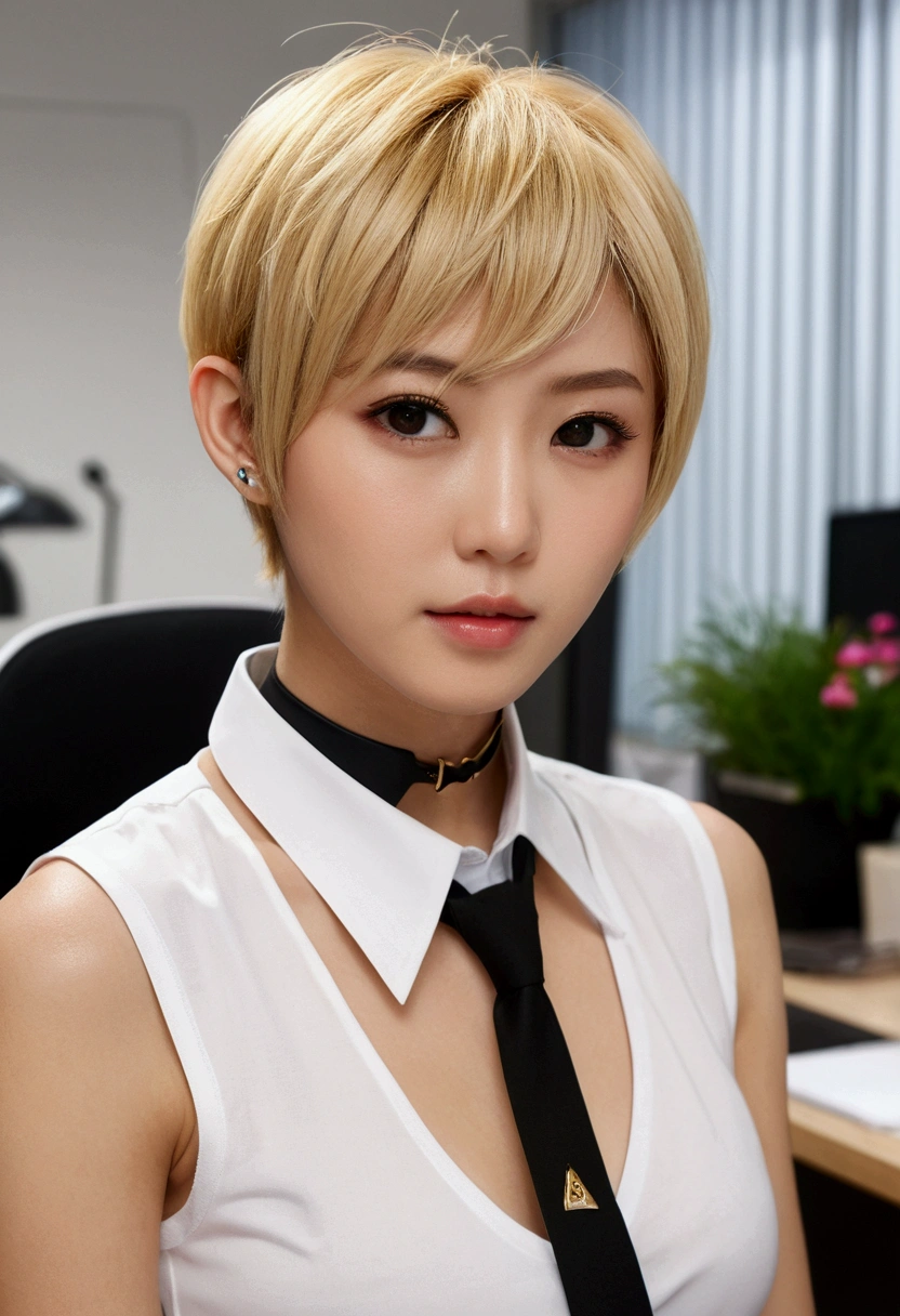 (Highest quality, High resolution, Realistic, to be born, 8k,masterpiece, ),(Audience friendly)、Shoot from the front、Highest quality, masterpiece8k.High resolution. High resolutionabsurdres:1.2, (Inside the office)、(Natural light), (delicate), (Sensual)、Japanese、blonde、Pixie Cut、Black choker、uniform、OL