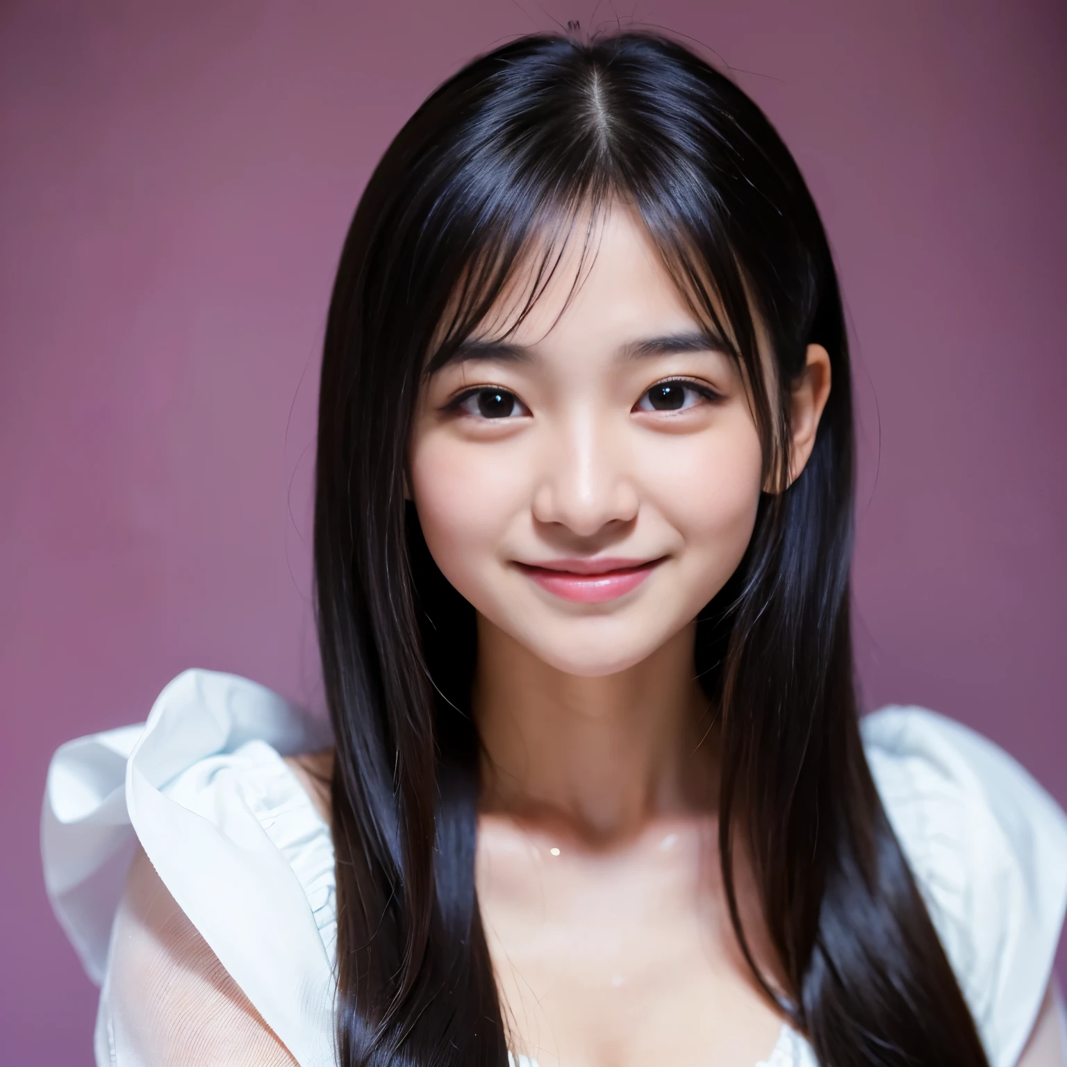 (Best-quality, Masterpiece, Ultra-High-Resolution, (Photorealistic:1.4), Raw Photo, depth of field, professional lighting, perfect anatomy, extremely details), face-focus, front view, (1girl, 15-years-old, the most famous Japanese idol), ((((extremely beautiful and extremely realistic skins)))), ((extremely cute face like the most popular Japanese idol)), (((extremely cute and extremely big black-eyes))), (extremely beautiful black-long-straight-hair), (extremely beautiful long-eyelashes), (extremely beautiful glossy-lips), ((innocent smile))