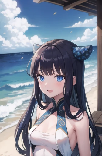 Yang Guifei (masterpiece), BREAK 1woman, skimpy translucent wet summer dress, raining, wavy hair, floating hair, smile, standing, open mouth, light particles, black hair, deep blue eyes, looking at viewer, face focus, BREAK, scenery, beach, ocean in the orizon, petals, light particles, BREAK cowboy shot