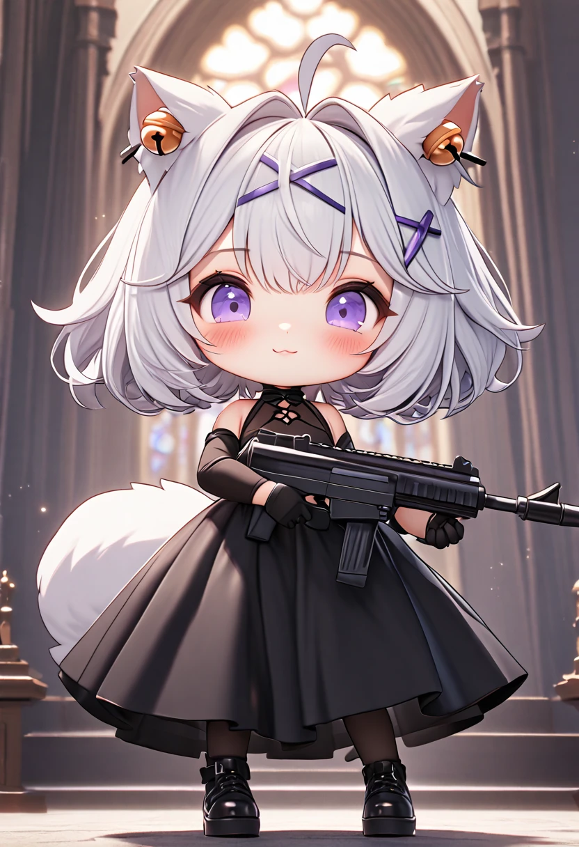 master piece, best quality, ultra-detailed, illustration, 1girl, solo, chibi, (big head), cute pose, front view, looking at viewer, ((full body Close up)), Filiansailor, (hairclip:1.5), hair bell, white hair, short hair, cat ears, ahoge, purple eyes, blush, smiling, fluffy tail, long black gown, high slit gown, black arm sleeve, black gloves, holding machine gun, black leg stockings, black high heals, church background, altar, center isle