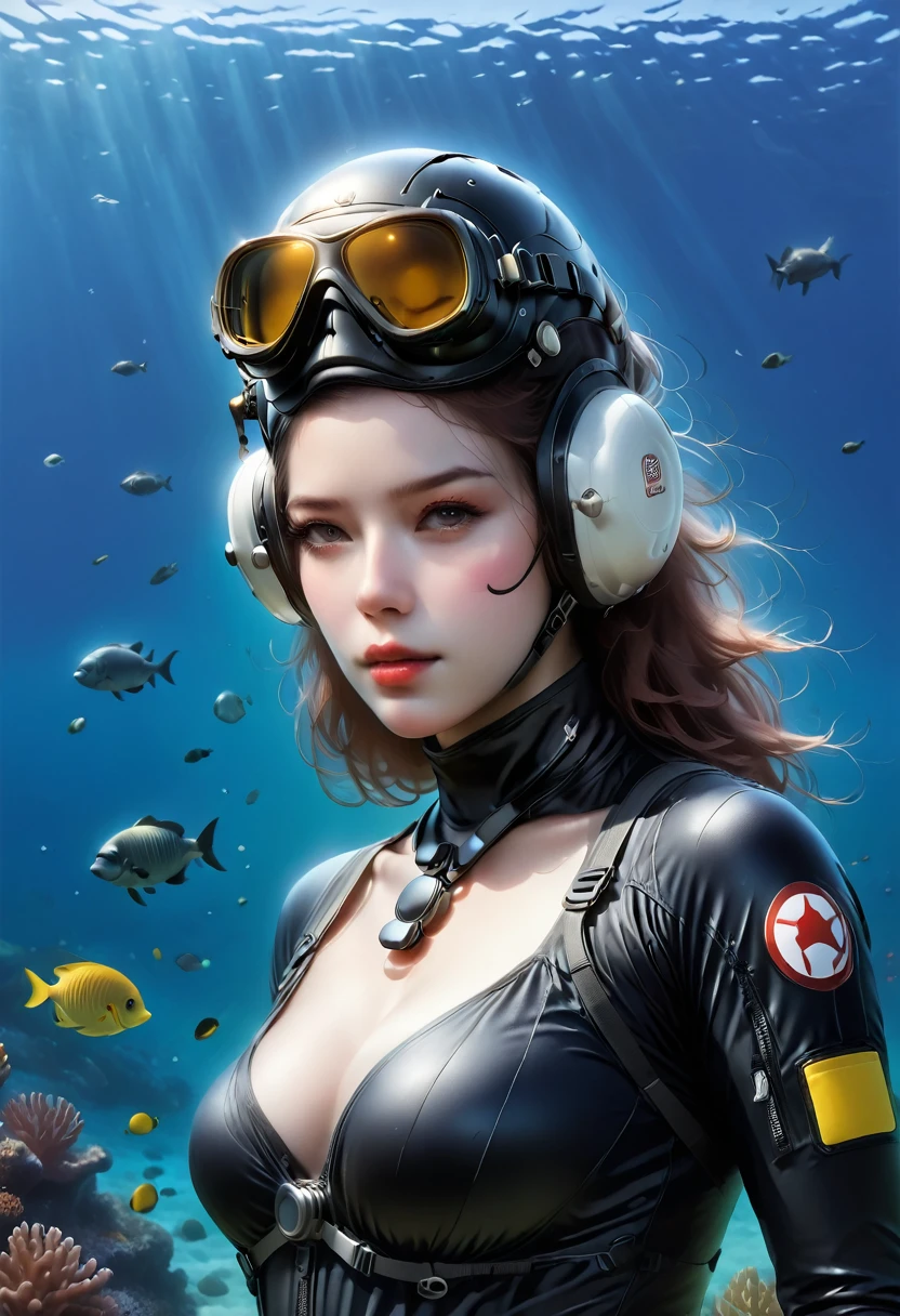 ((full body shot))During the diving course，pregnant There is a lady wearing a diving suit and goggles,Wear a diving helmet, Instagram, A diver on the seabed, A diver on the seabed, old scuba, GoPro shooting, Abandoned diving mask, Underwater perspective, 3 6 0 capture, amanda clarke, Underwater shooting,