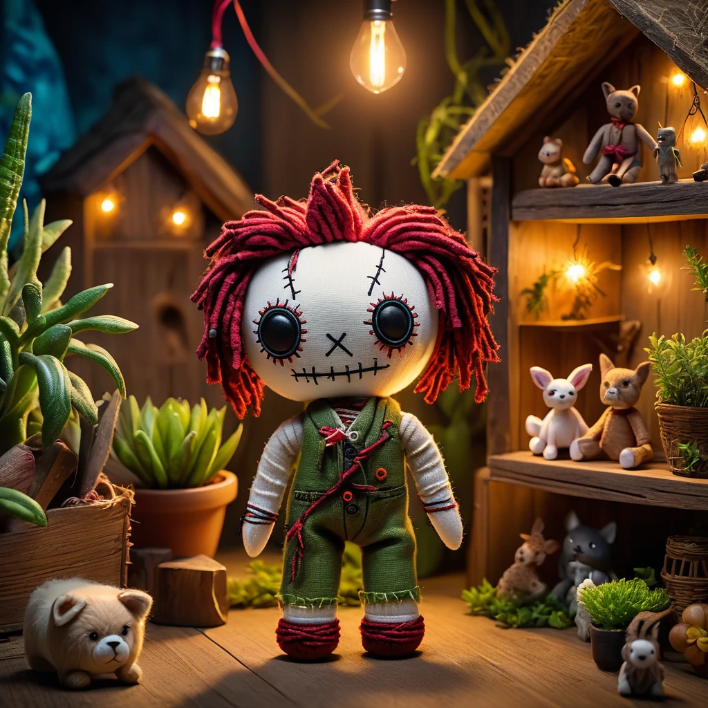 (knitted toy voodoo doll:1.7), (Voodoo on a city farm with animated plants and animals:1.3), (Clothing: tattered farmer attire with mystical symbols:1.0), (Accessories: miniature glowing crops, tiny floating farm tools, small enchanted barn animals:1.2), (background: bustling farm with flickering lights and glowing magical plants and animals, ethereal light illuminating the scene:1.2), best quality, masterpiece, detailed soft oil painting, detailed background, dramatic cinematic lighting, soft edge lighting, professional, dramatic lighting, hard edge lighting, ultra quality, 4k, masterpiece, best quality, 8k, ultra high definition, high resolution, extremely detailed