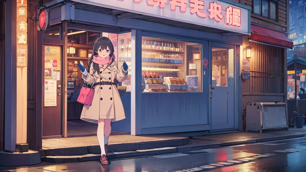 1 girl solo girl  ​masterpiece、Top image quality、超A high resolution, wearing a fully buttoned up and belted buckle beige trench coat with a large pink winter wool scarf and white gloves carrying her large pink purse at the hard windy rainy night city street full body 8k