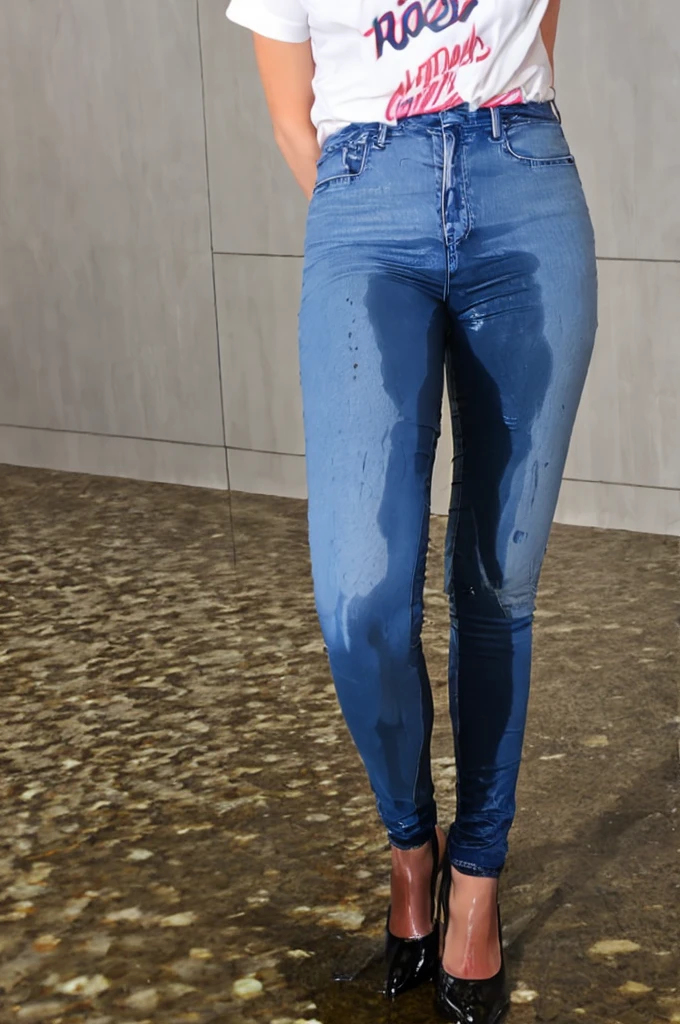 tall blonde woman, gray skinny jeans, high heels, t-shirt, big smile, standing in an office, show heels, pee stains on legs of jeans, pee stains on hips of jeans, (((full view))), full body view, wetting self, standing in puddle of pee