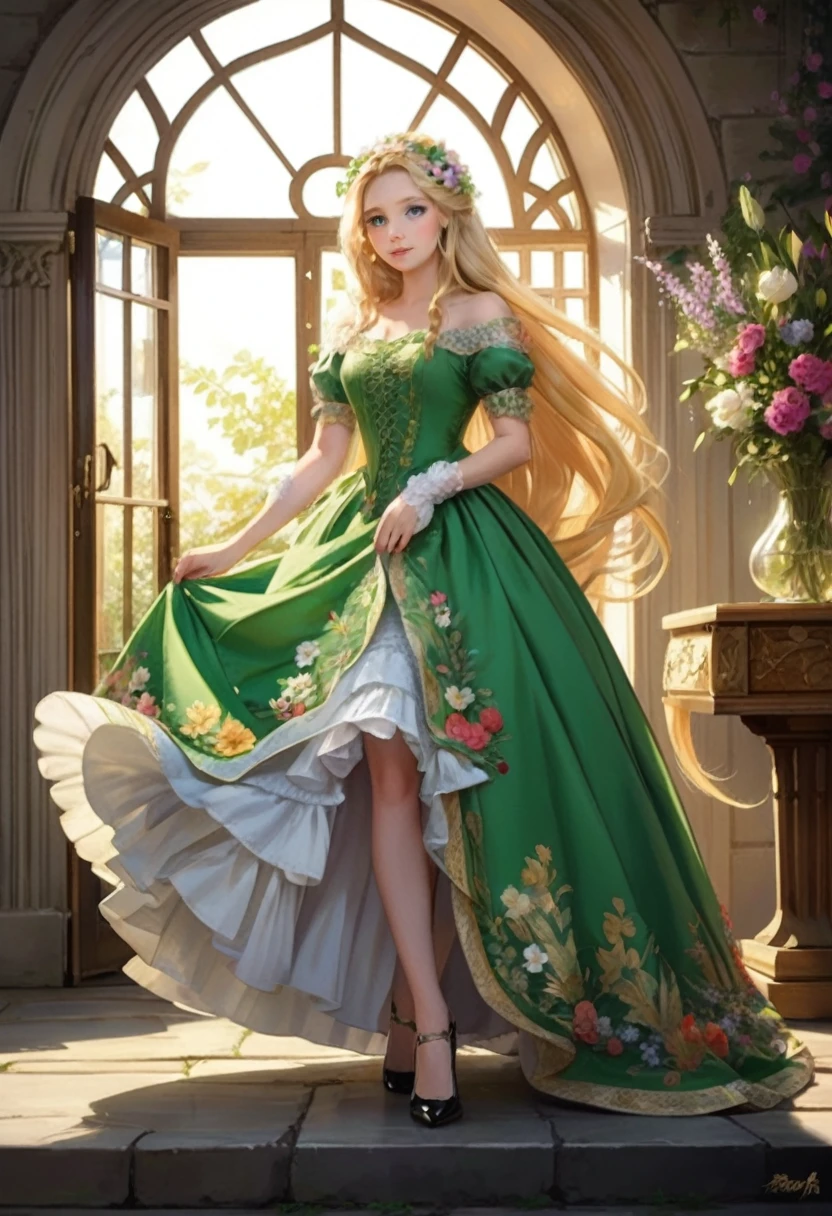 rapunzel 1girl, blonde hair, long hair, green eyes, very long hair, flower, dress, flowers, high heels, looking at viewer, (masterpiece, high quality, best quality:1.3), Detailed