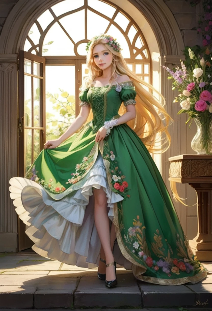 rapunzel 1girl, blonde hair, long hair, green eyes, very long hair, flower, dress, flowers, high heels, looking at viewer, (masterpiece, high quality, best quality:1.3), Detailed