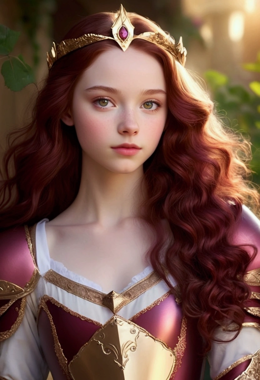 An 18 years old European girl with pale skin and long, wavy burgundy hair. large and burgundy eyes , with an adorable, and innocent face. She should have a happy expression, wearing a pink, gold, and rose gold colored princess knight armor, with an elegant and regal theme, something that emphasizes her sweet and compassionate personality. Overall, her appearance would be striking, attracting curious looks. small chested, slender, petit, cinematic lighting, chromatic aberration, backlighting, masterpiece, high details, high quality, 4K.
