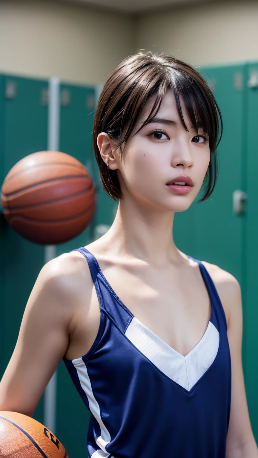 (masterpiece:1.2), Very detailed, Ultra-high resolution, (Realistic, photo Realistic:1.6), High-resolution RAW color photos, Professional photos, Sharp focus:1.2, (Very detailed顔と肌の質感, Very beautiful eyes, Glossのある肌, Glowing Skin, Glowing Skin, Shining Face, Gloss, Oily skin, greasy face, Oily skin, greasy face,),, (real Glossのある肌 texture), Perfect Anatomy, Very detailed背景,((locker room)), 1 female,25-year-old woman, Japanese women,Slender legs:1.3,(short hair, Straight hair, bangs, Brown Hair),(Flat Chest:1.6), (((sleeveless basketball uniform、Sexy lingerie panties)))、((Sweaty body))