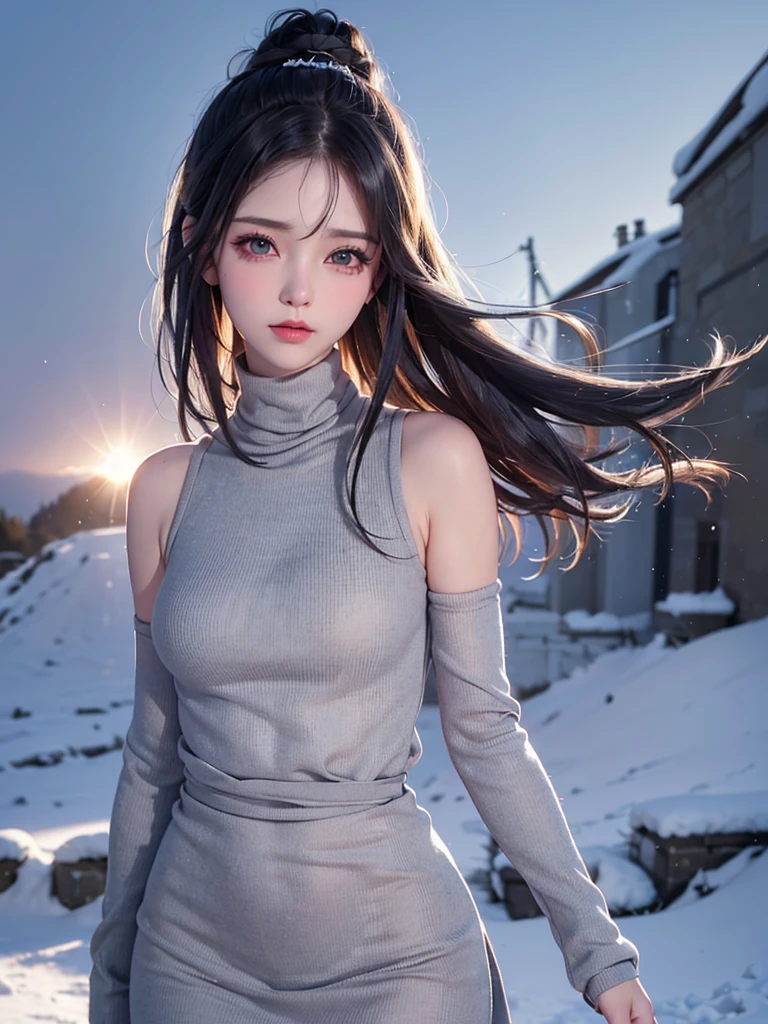 (From the waist up:1.5)((masterpiece:1.5、8k、Portraiture、フォトリアリスティックでVery detailedなCG、Very detailed、Particle Effects、Dynamic Effects、Written boundary depth、Cinematic Light、Lens flare、Ray Tracing、Tabletop、Realistic:1.4、Ultra-high resolution:1.2、Realistic、Realistic))((alone、Turtleneck dress,No sleeve、Woman in a black fur coat:1.4、Exposed sideways breast doll-like pose、Detailed face、bright表情、young, bright, Whiter skin、Small breasts:1.4、Best Looks、Ultimate beauty、Grey hair with shiny highlights:1.8、bright and shiny hair,、Arranged Hair、Hair dancing in the wind))(morning、In the background is a snowy hill overlooking the ruins...)