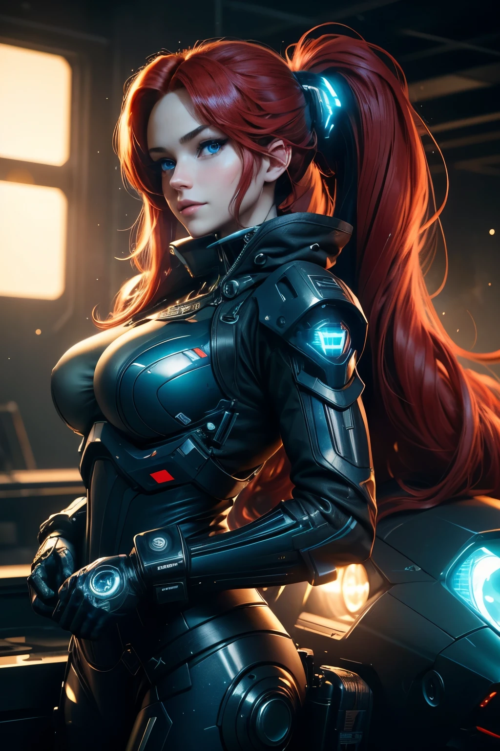 masterpiece , girl ,Big Breasts. Very long red hair , ((Sparkling blue eyes)) , slope , Perfect figure , ( Techwear:1.2) , cyber punk , Get your gun ready?.future , Modern , in cyber punk city, A light smile , Detailed face ,, , (8k, 最high quality 1.2), Very detailed, 8k uhd,, Soft lighting, high quality, Film Grain, Beautiful lighting,, (Cinematic:1.4) ,Perfect body , Best lighting, Best Shadow, Sharpness, Contrast,