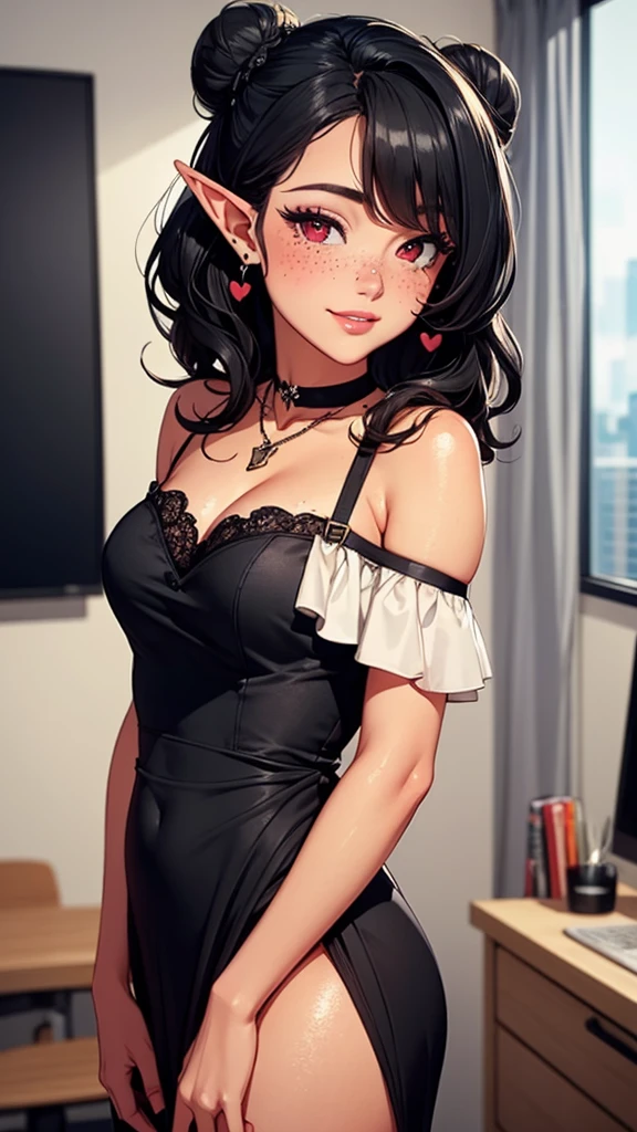 ((Best quality)), ((masterpiece)), (detailed: 1.4), ((8k, ultra HD)).
Beautiful woman, one girl, very detailed eyes, very detailed hair, very detailed clothes, very detailed face, 25 years old girl
((Red eyes)), ((black hair, bun hairstyle, wavy hair, long bangs)), ((elf ears)), heart earrings, tanned skin, ((black and white dress, off shoulders)), large breasts, cleavage, thick ass, choker, heart necklace, beautiful eyelashes, eyeliner, sultry eyes, juicy lips, soft blush, smooth skin, freckles, natural eyebrows, smile.
Posing sexily, looking at viewer, in love with viewer, cinematic lightning, office room.