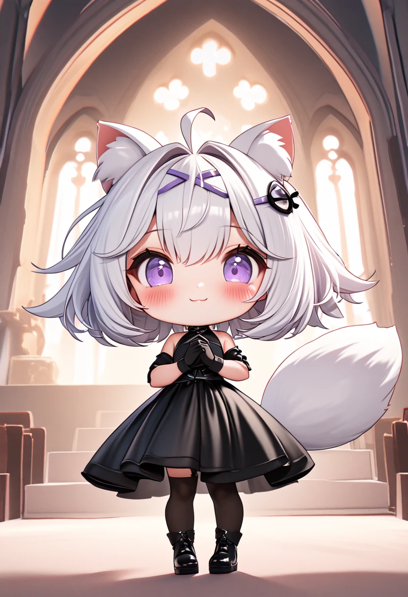 master piece, best quality, ultra-detailed, illustration, 1girl, solo, chibi, (big head), cute pose, front view, looking at viewer, ((full body Close up)), Filiansailor, (hairclip:1.5), hair bell, white hair, short hair, cat ears, ahoge, purple eyes, blush, smiling, fluffy tail, long black gown, high slit gown, black arm sleeve, black gloves, holding dual pistol, black leg stockings, black high heals, church background, altar, center isle