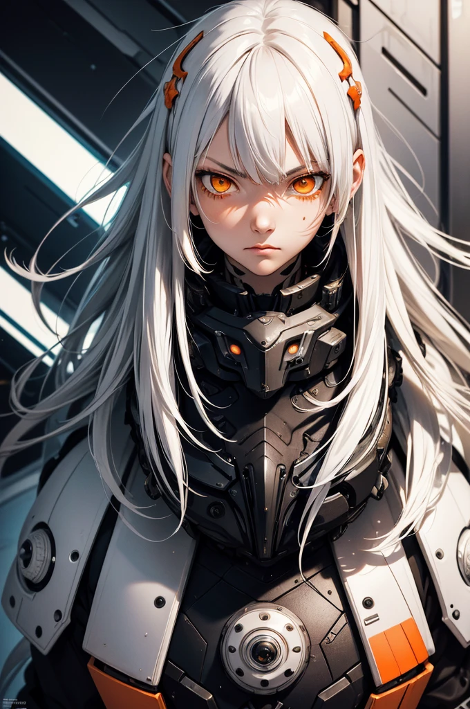 style of Tsutomu Nihei,(incredibly absurdres, (high resolution:1.18),  (masterpiece:1.1), (highest quality:1.1), absurdres),(1girl, portrait, white hair, orange eyes, long hair, detailed eyes), nice 