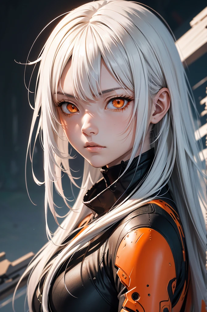 style of Tsutomu Nihei,(incredibly absurdres, (high resolution:1.18), (masterpiece:1.1), (highest quality:1.1), absurdres),(1girl, portrait, white hair, orange eyes, long hair, detailed eyes), nice