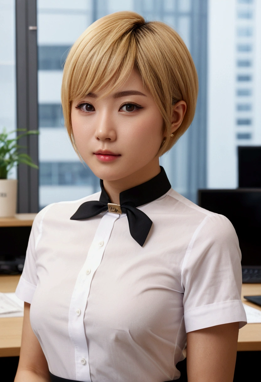 (Highest quality, High resolution, Realistic, to be born, 8k,masterpiece, ),(Audience friendly)、Shoot from the front、Highest quality, masterpiece8k.High resolution. High resolutionabsurdres:1.2, (Inside the office)、(Natural light), (delicate), (Sensual)、Japanese、blonde、Pixie Cut、Black choker、uniform、OL、office lady