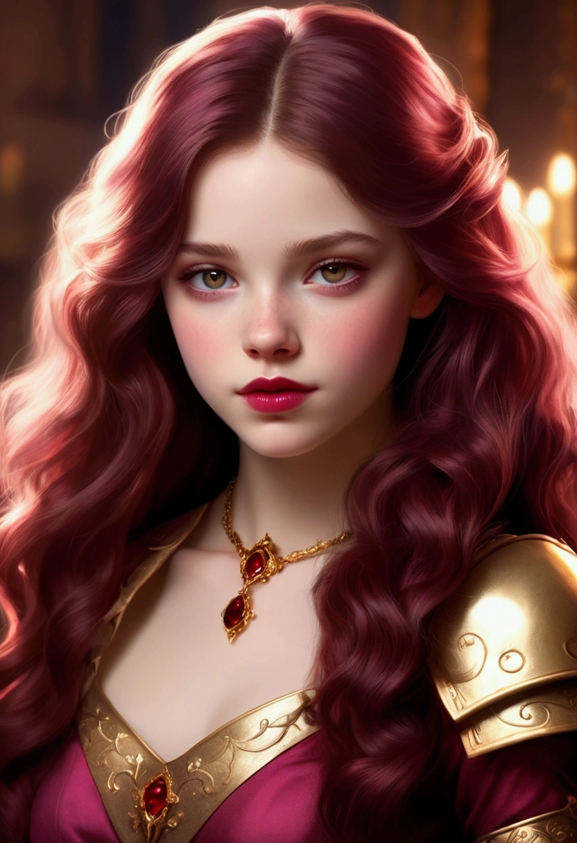 An 18 years old European girl with pale skin and long, wavy burgundy hair. large and glowing blood red eye, with blood red lips, with an adorable, and innocent face. She should have a happy expression, wearing a pink, gold, and rose gold colored princess knight armor, with an elegant and regal theme, something that emphasizes her sweet and compassionate personality. Overall, her appearance would be striking, attracting curious looks. small chested, cinematic lighting, chromatic aberration, backlighting, masterpiece, high details, high quality, 4K.