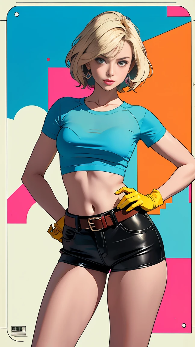Blonde girl with short hair, blue eyes, wearing a green cropped top, wearing pink denim shorts, zipper open, Cleavage, defined and shiny breasts,, Side view, making a gun sign with fingers and smiling