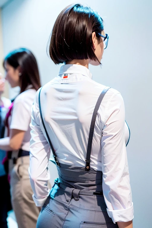 best quality, (Reality:1.4), 1 Girl, (Black shirt:1.2), (Grey trousers:1.2),(White suspenders:1.4), Perfect female image, whole body, From the back, White background, short hair, Slim