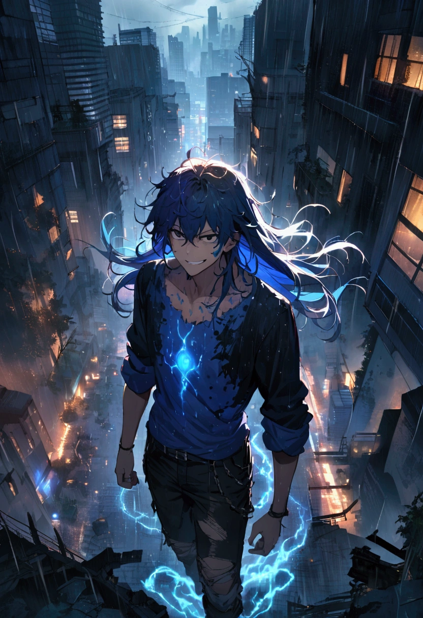 teenage boy, Messy hair, long hair, multicolored bright black and blue hair, black eyes and multicolored blue, evil grin, ripped dark blue shirt, dark brown ripped pants, blue tattoos on the body, electric aura around the character, scenery in a destroyed night city with skyscrapers in the middle of rain.
